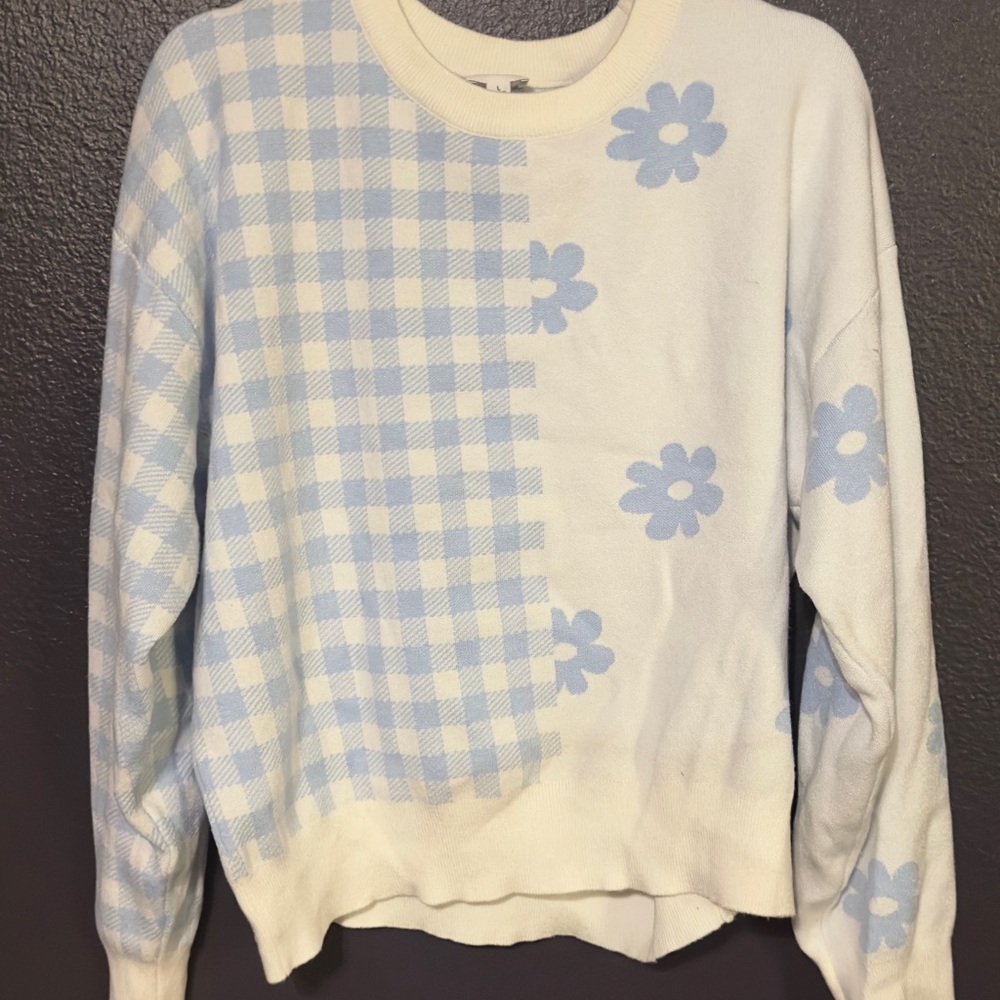 Blue and White Floral Checkered Sweater
